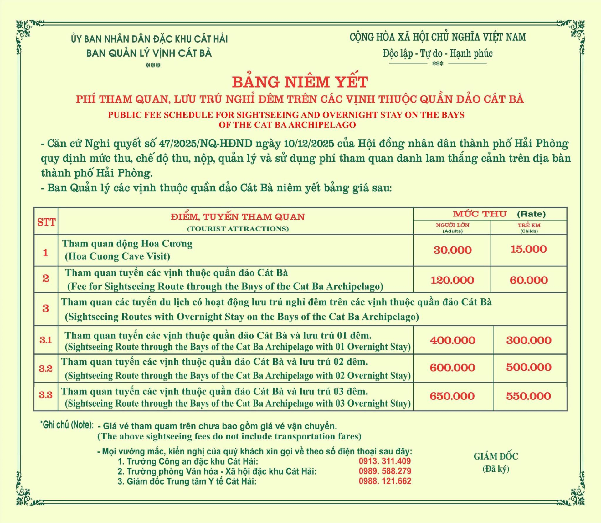 Cat Ba Bay Entrance Fee Table by Attractions and Travel Routes