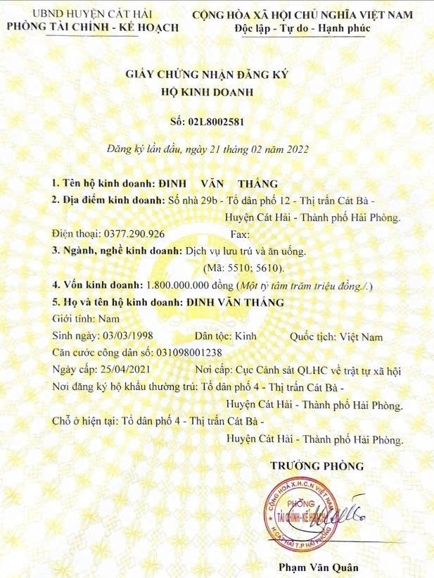 Giấy đăng ký kinh doanh Quang Thắng Cát Bà