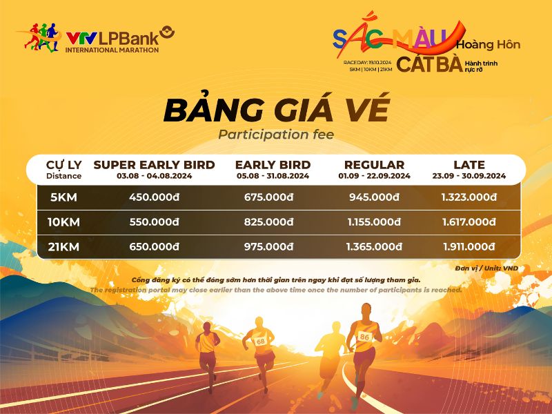 bảng giá vé giải chạy marathon sắc màu hoàng hôn cát bà