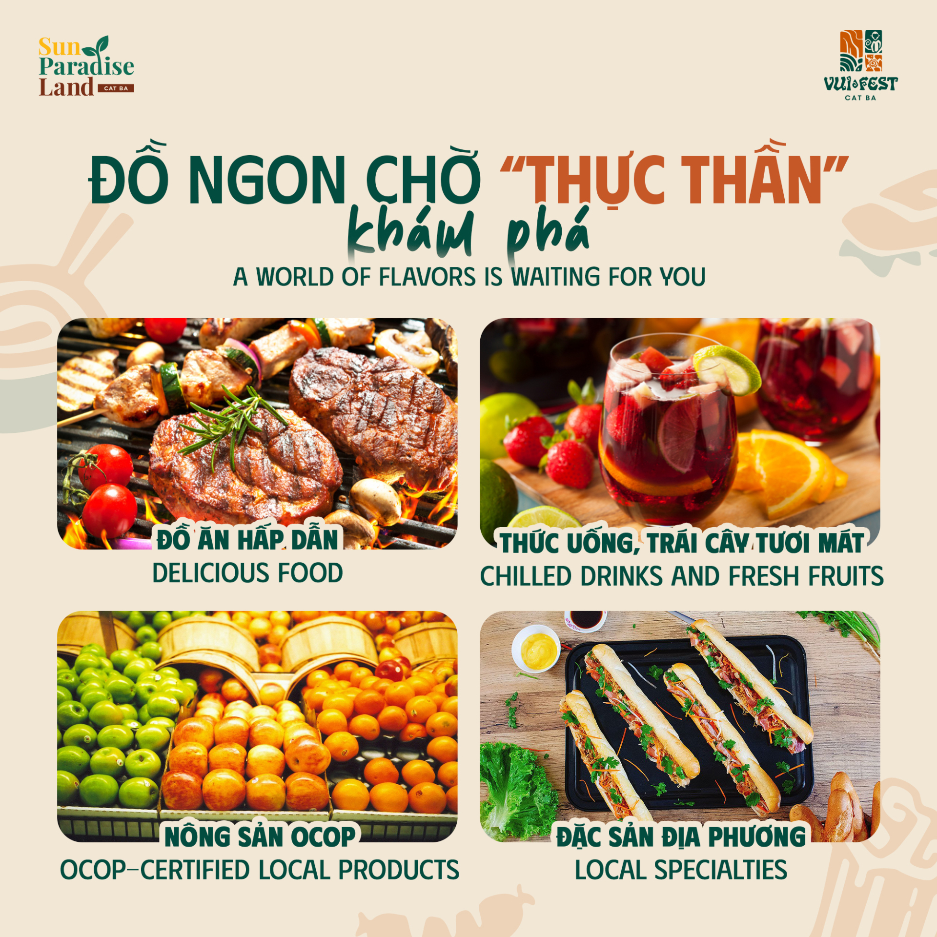 Đồ ăn đa dạng tại Chợ Xanh Vui Fest Cát Bà