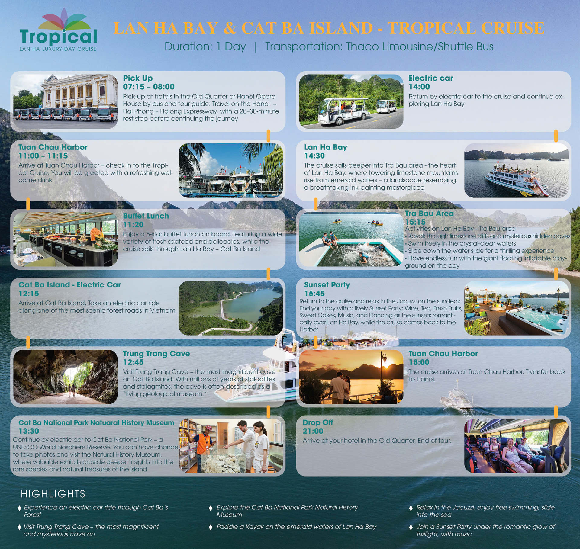 Itinerary at a glance for the Lan Ha Bay – Cat Ba Island 1-Day Tour from Hanoi | 5-Star Cruise